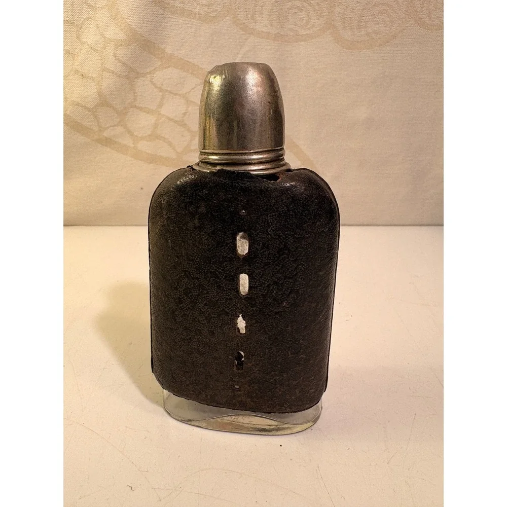 Antique Glass Hip Flask Leather Wrapped Metal Cup Cap Pocket Spirit Bottle 5.5in